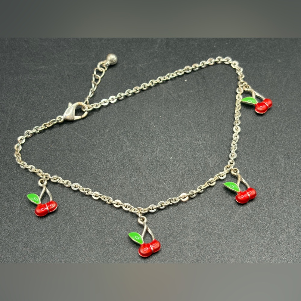 Y2K Red Enameled Cherry Silver Tone Metal Chain Charm Bracelet, Cute Jewelry